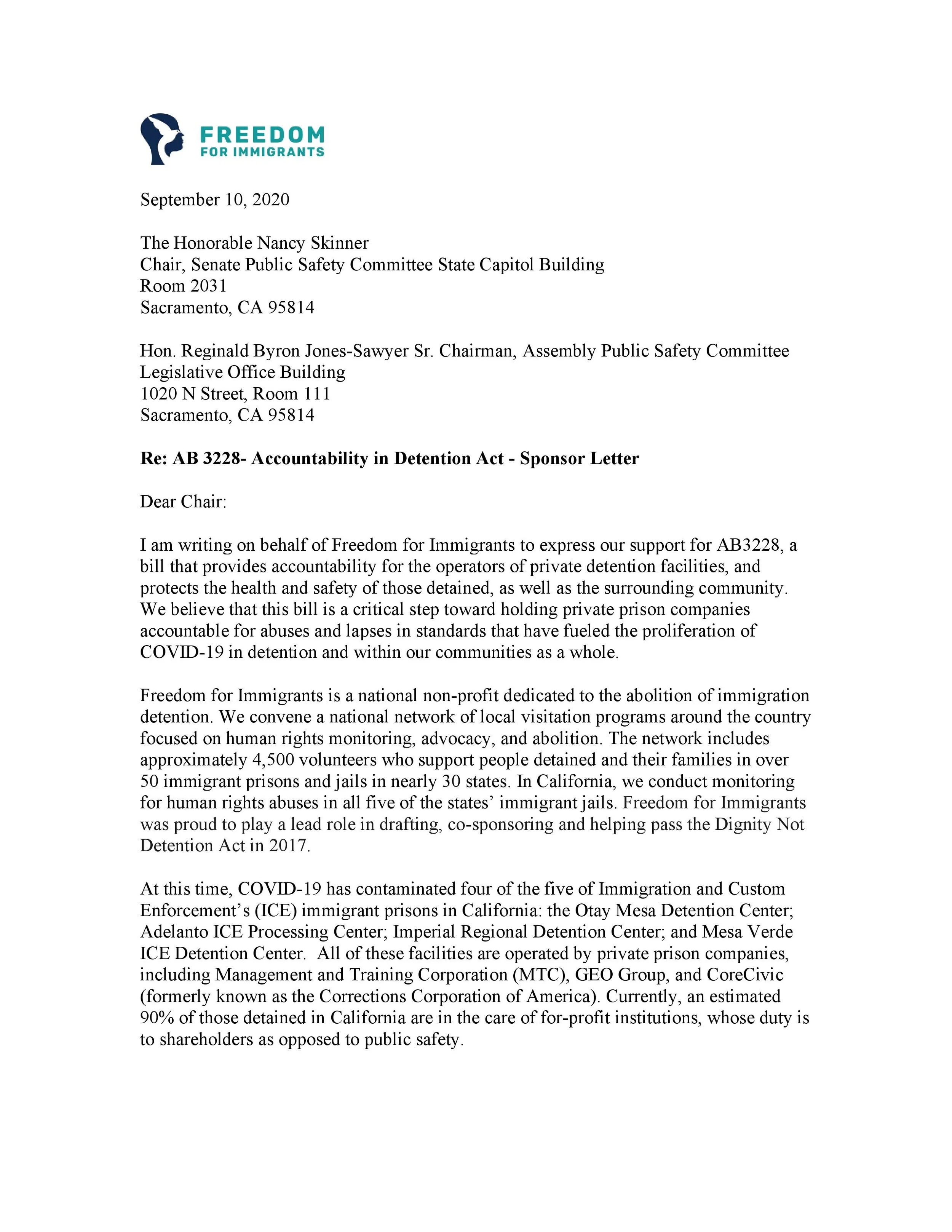 AB 3228 Accountability in Detention Act Letter of Support